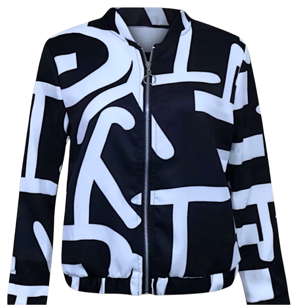 New Black & White Abstract Print Zip-Up Bomber Jacket - Picture 12 of 16